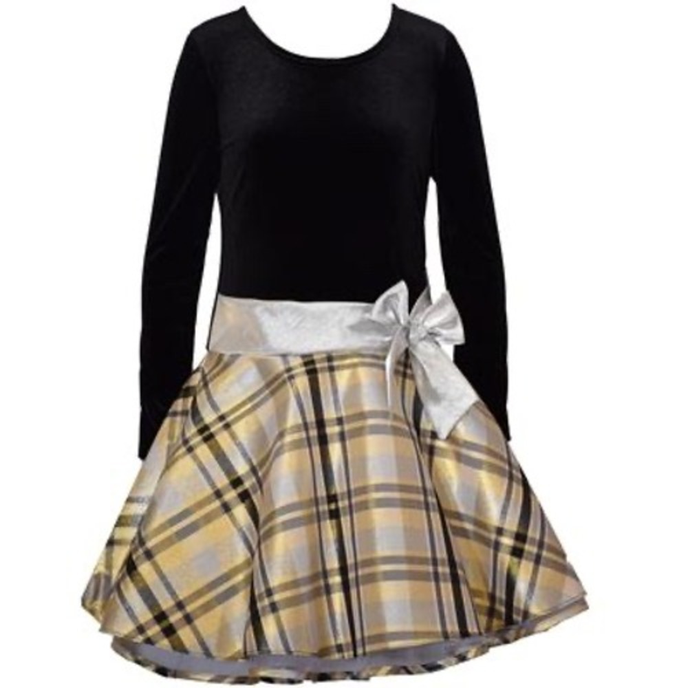 Bonnie Jean Little Girls Plaid Skirt Dress - Black Velvet, Gold - Size 5